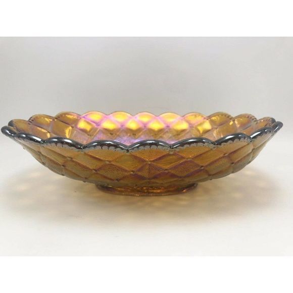 Imperial Pansy Marigold Carnival Glass Dish 8.5" Bowl Quilt Amber‎ Scallop Edge - Picture 5 of 12